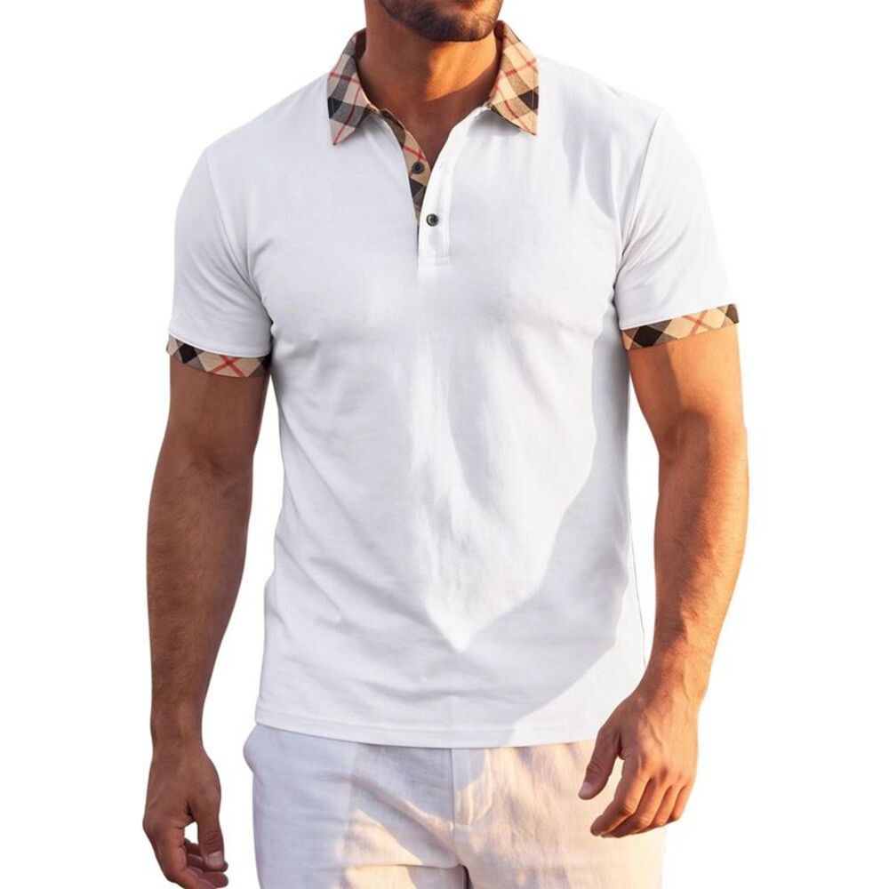 Men's Short Sleeve Contrast Plaid Collar Casual Golf Polo Shirts XL White